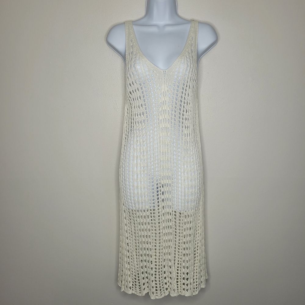 Open knit white fish net Sleeveless beachy vacation swim cover up size large